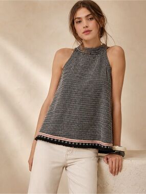 W5 Black Patterned Halter Tank with Trim
